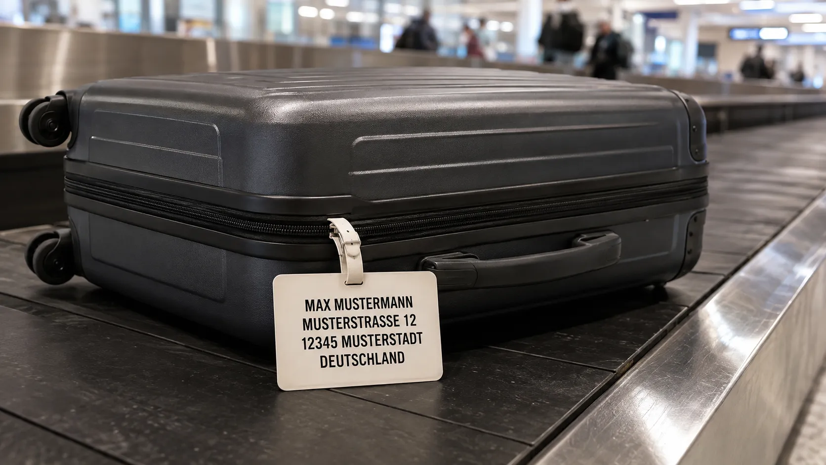 Étiquette de valise avec adresse bien visible sur un bagage posé sur le tapis roulant