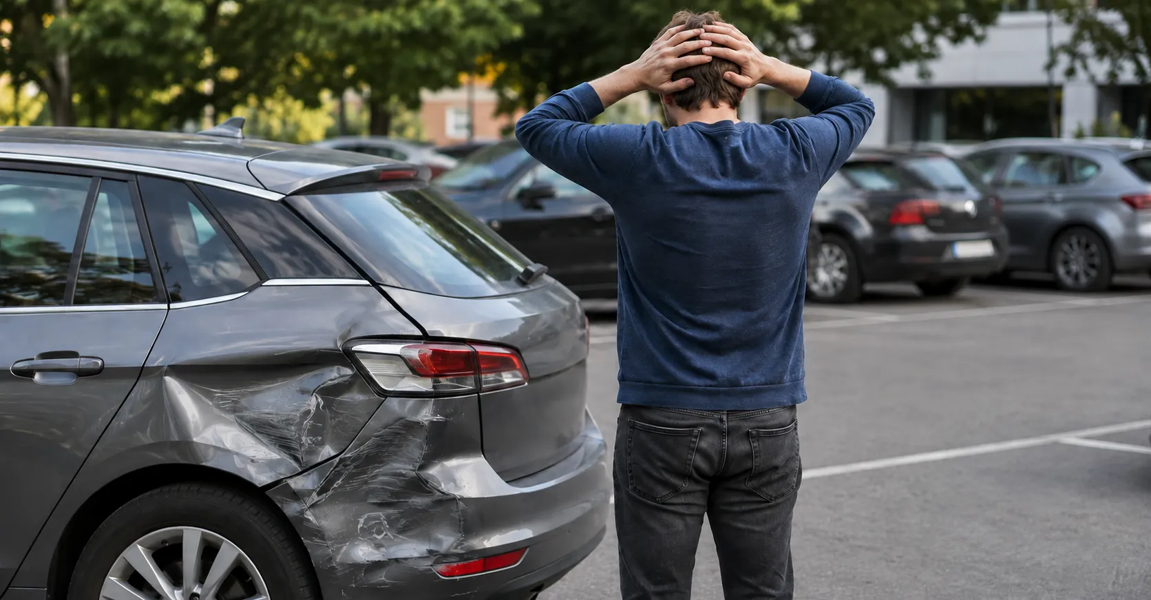 Mann steht ratlos vor seinem beschädigten Auto nach einem Parkrempler