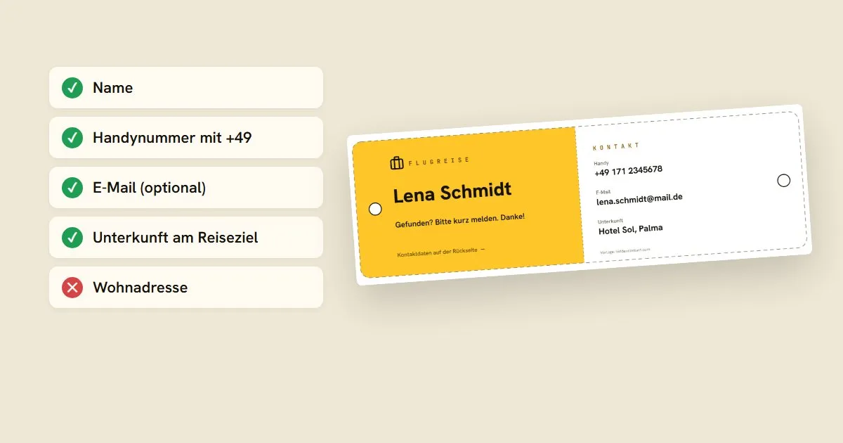 Ausgedruckte Kofferanhänger mit Name, Handynummer und Reiseziel neben einem digitalen Kofferanhänger