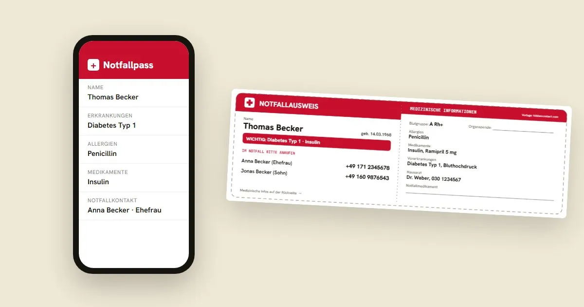 Smartphone mit geöffnetem Notfallpass auf dem Sperrbildschirm neben einer ausgedruckten Notfallkarte