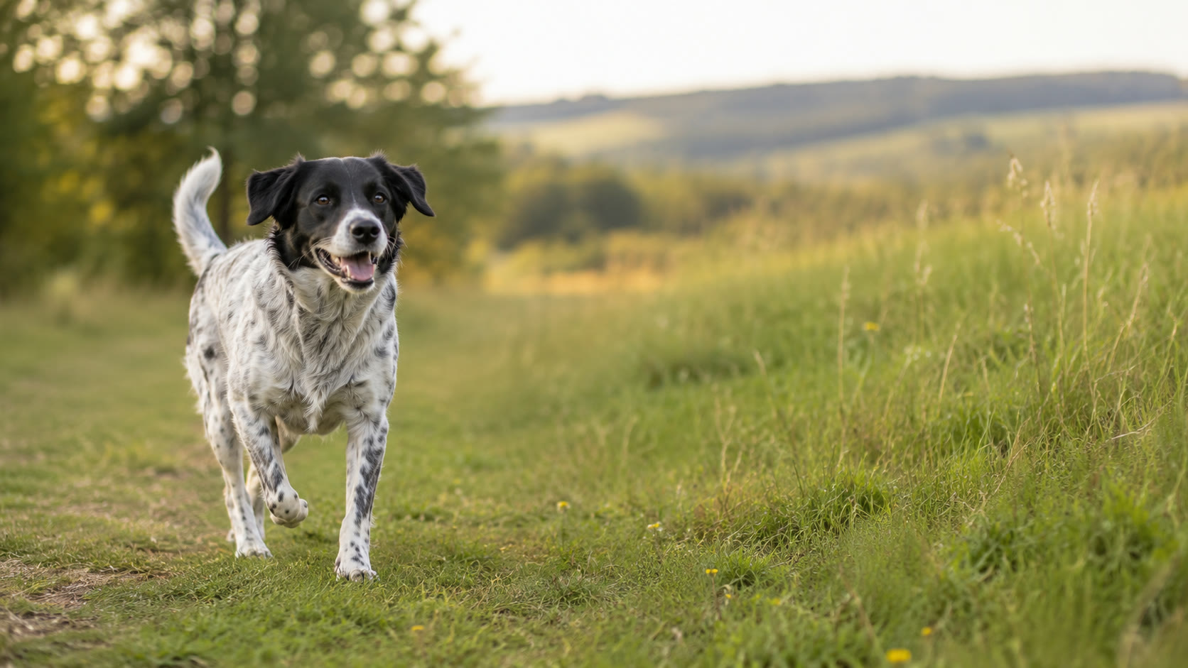 Hund ohne Leine läuft über eine Wiese