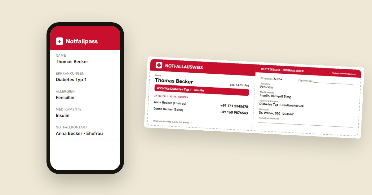 Smartphone mit geöffnetem Notfallpass auf dem Sperrbildschirm neben einer ausgedruckten Notfallkarte